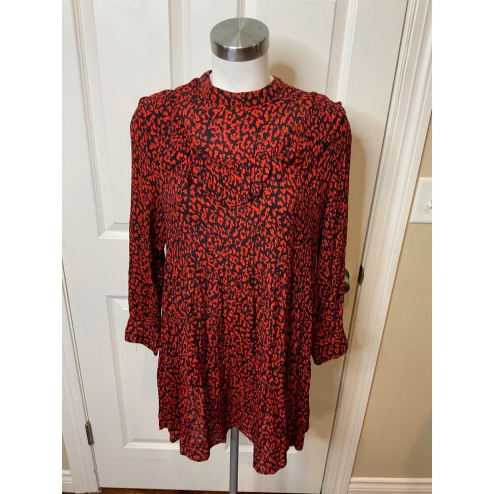 Zara Woman Red & Black Animal Print Ruffled Mini Dress, Size L